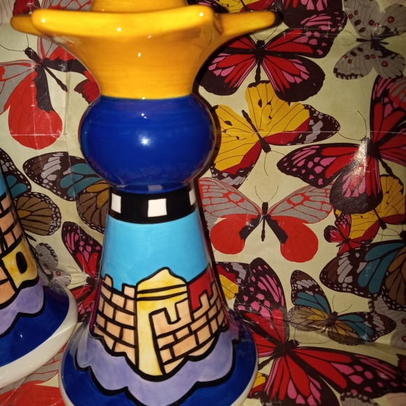 2 BEAUTIFUL NICOLE ENGBLOM CERAMIC SHABBAT CANDLE HOLDERS - Picture 2 of 13